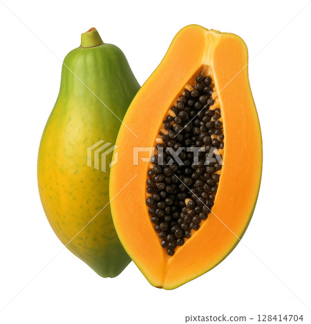 Freshly Sliced Papaya Reveals Bright Orange Flesh and Black Seeds Ready for Tasting and Recipe Preparation 128414704