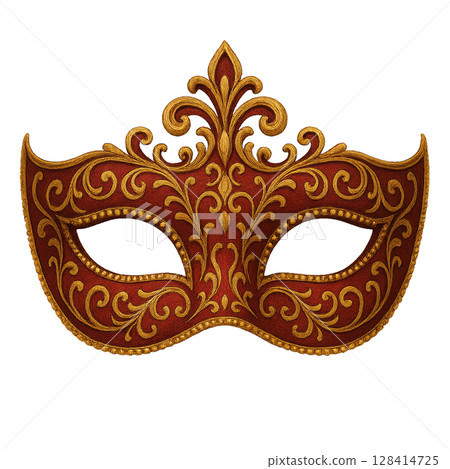 Decorative Masquerade Mask With Ornate Patterns in Red and Gold Colors Displayed Against a White Background Decorative Masquerade Mask With Ornate Patterns in Red and Gold Colors Displayed Against a White Background 128414725