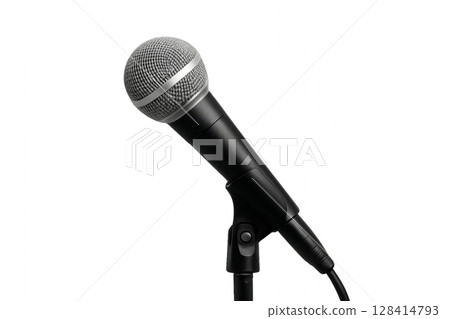 Microphone Positioned on a Stand for Live Performance During Evening Event 128414793