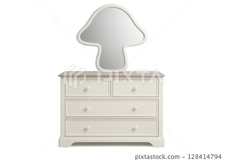 Neutral Dresser With Playful Mushroom-Shaped Mirror in a Modern Interior Space 128414794