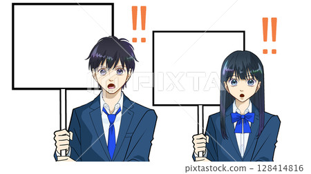 Anime-style illustration of male and female high school or junior high school students appealing with placards, white background 128414816