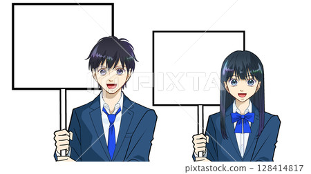 Anime-style illustration of male and female high school or junior high school students smiling and holding placards, white background 128414817