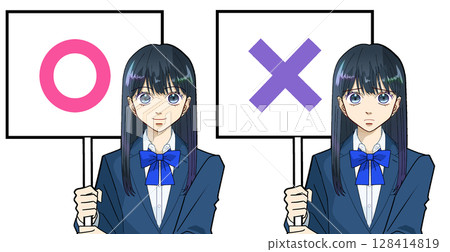 Anime-style illustration of a high school or junior high school girl holding a ○✕ placard, white background 128414819