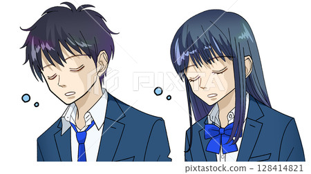 Anime-style illustration of male and female high school or junior high school students dozing off, white background 128414821