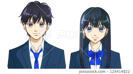 Anime-style illustration of smiling high school or junior high school students, male and female, white background 128414822
