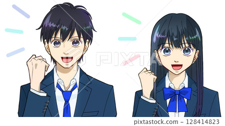 動漫風格的插圖,描繪了一位高中或初中男生和女生微笑著舉起拳頭,白色背景 動漫風格的插圖,描繪了一位高中或初中男生和女生微笑著舉起拳頭,白色背景 128414823