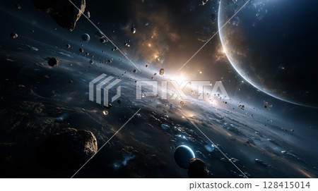 多個繞行行星、小行星層和遙遠的發光星雲 128415014