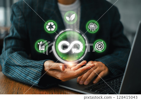 Visual representation of the circular economy with sustainability icons, highlighting eco-friendly and renewable business practices. 128415043