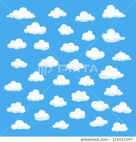 Flat Cartoon Cloud Vector Set. Cute Cloud Icon Collection. Simple Vector Cartoon Clouds for Weather Design. Cloud Clipart for Baby, Kids, Children, Sky Illustration 128415047