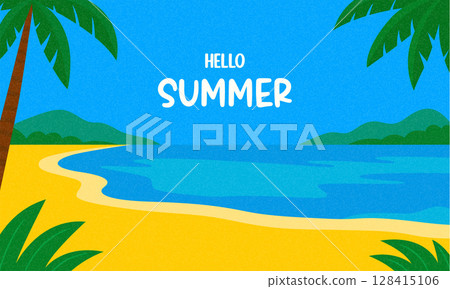 Hello Summer Vector Illustration. Tropical Beach Horizontal Background with Palm Trees, Ocean View. Sunny Vacation Banner, Holiday Greeting Card, Travel Poster Design, Relaxing Seaside Scene 128415106