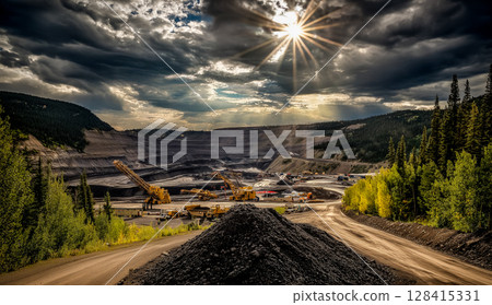 Aerial view of a mining car in a coal mine 128415331