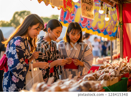 Young women enjoying the festival at the summer festival 128415348