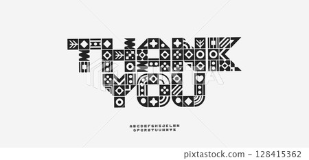 Tribal ethnic decorative font, folk pattern blocks letters. African, Aztec, Scandinavian, boho styles typography for ethnic branding, cultural packaging, handmade cards, gifts. Vector illustration. 128415362
