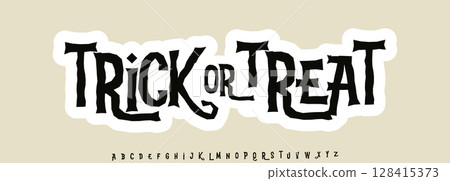 Trick or Treat Lettering Phrase Rough spooky typography with gothic and distorted letters for Halloween, party invites, seasonal greetings, stickers, posters. Vector illustration Trick or Treat Lettering Phrase Rough spooky typography with gothic and distorted letters for Halloween, party invites, seasonal greetings, stickers, posters. Vector illustration 128415373