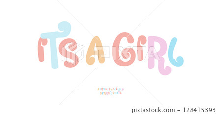 Playful pastel typography in soft rounded style. Decorative colorful lettering for cheerful messages, announcements, posters, cards, social media. Editable text layout. Vector illustration 128415393