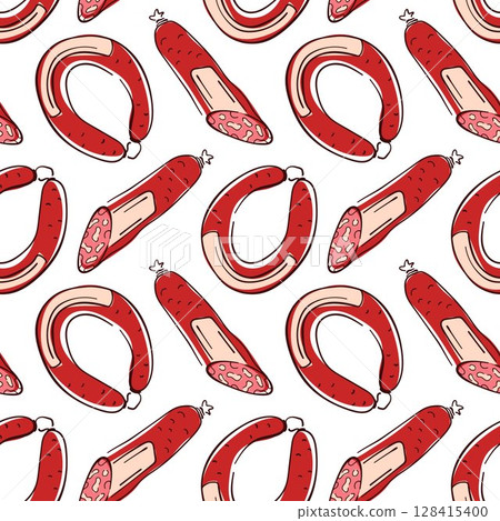 Seamless pattern with flat style sausage and salami on white background. Perfect for food packaging, kitchen textile, meat product, branding and culinary design. 128415400