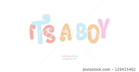 Playful pastel typography in soft rounded style. Decorative colorful lettering for cheerful messages, announcements, posters, cards, social media. Editable text layout. Vector illustration 128415402