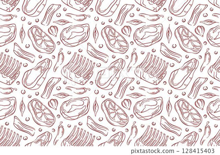 Seamless pattern with meat cut, bacon, ribs, steak, chili pepper garlic, onion and herb leaf in red line art style on white background. Ideal for butcher shop, packaging and culinary design theme. 128415403