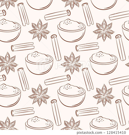 Seamless spice pattern with bowl cinnamon, stick and star anise in line art style. Ideal for culinary background, food packaging and natural organic kitchen design. 128415410