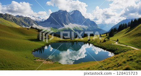 AI-generated image of natural mountain and pond scenery AI-generated image of natural mountain and pond scenery 128415723