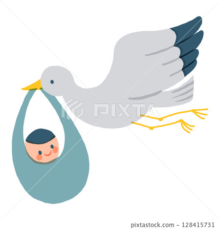 鸛叼著嬰兒的插圖（出生/慶祝材料） 128415731