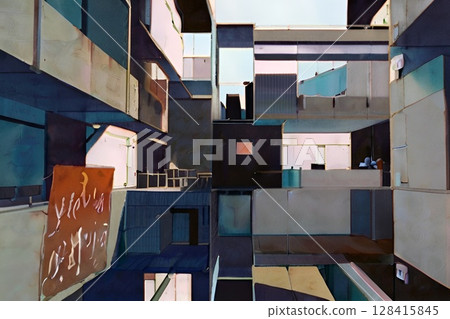 遊戲背景：由走廊連接的未來主義商店建築 128415845