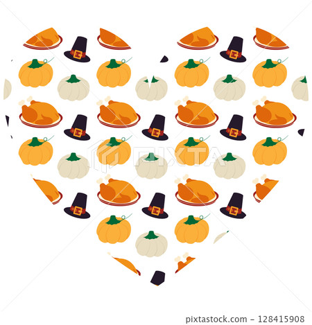 Roast Turkey on plate Orange and White Pumpkin Seamless Pattern Thanksgiving Heart Shape Background 128415908