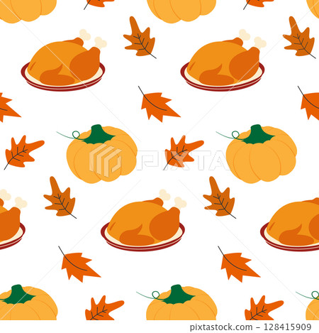 Fried Turkey Dry Autumn Leaves and Pumpkin Seamless Pattern Thanksgiving Holiday Greeting Background 128415909