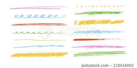 Crayon underline set, pencil wavy and straight chalk kid free hand brush texture. Scribble grunge border simple thin and thick lines. Doodle mark. 128416002