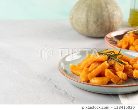Pumpkin recipe homemade gnocchi on pastel color background 128416020