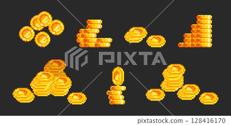 Pixel art gold coin stacks in retro 8 bit style 128416170