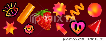 Vibrant y2k brutalism set with pixel art icons Vibrant y2k brutalism set with pixel art icons 128416195