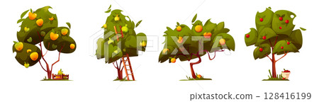 Cartoon orchard trees with ripe fruits Cartoon orchard trees with ripe fruits 128416199