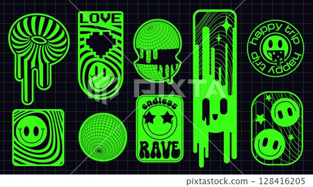 Neon green rave sticker set on grid background 128416205