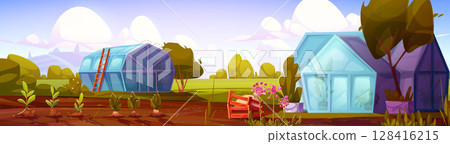 Cartoon garden landscape with greenhouses Cartoon garden landscape with greenhouses 128416215