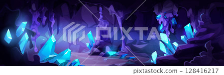 Magic cave interior with glowing blue crystals Magic cave interior with glowing blue crystals 128416217