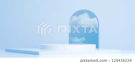 Display platform with clouds on blue sky Display platform with clouds on blue sky 128416224