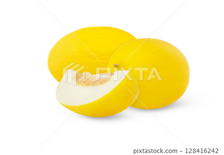 Fresh honeydew melon and a slice with seeds isolated. Canary yellow melon isolated. 128416242
