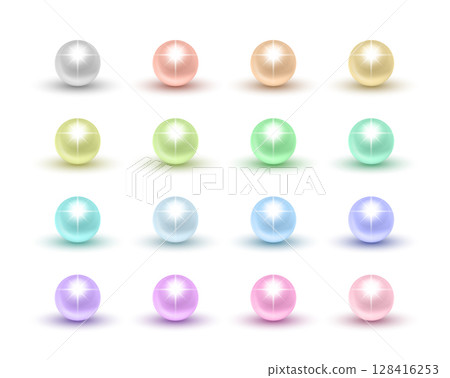 Vector 3d Realistic Glossy Pearl Icon Set. Shiny Pearl Collection in Pastel Colors. Realistic Glossy Pearl Bead Illustration, Isolated. Design Template for Jewelry. Decorative Pearl Elements 128416253