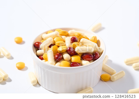Large amount of capsules and tablets supplements 128416523