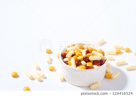 Large amount of capsules and tablets supplements 128416524