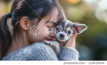 一位年輕女子擁抱她心愛的吉娃娃的感人照片 一位年輕女子擁抱她心愛的吉娃娃的感人照片 128416644