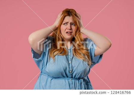 Plus size woman worried Confused, Forgot. Girl Feeling Sorrow, Regret, Failure 128416766