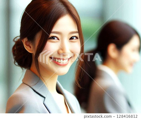 Smiling businesswoman working in the office 128416812