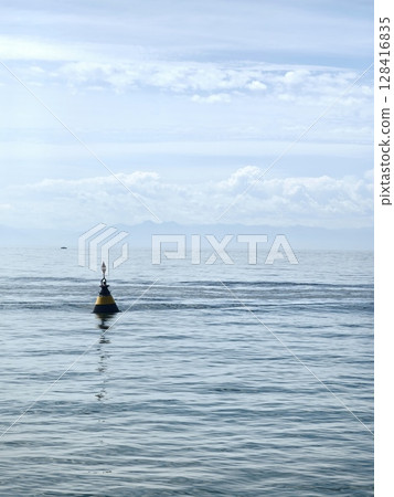 buoy floating calmly in serene ocean waters under clear sky near coast at midday. closeup. 128416835