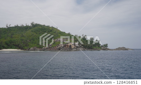 Panoramic view from a boat of Seychelles island in January 128416851