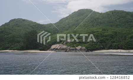 Panoramic view from a boat of Seychelles island in January 128416852