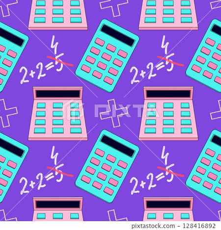 Colorful seamless pattern with cartoon calculator and funny math error. Vector illustration on purple background. For back to school theme, supplies, stationery design, textile print, wrapping paper. Colorful seamless pattern with cartoon calculator and funny math error. Vector illustration on purple background. For back to school theme, supplies, stationery design, textile print, wrapping paper. 128416892