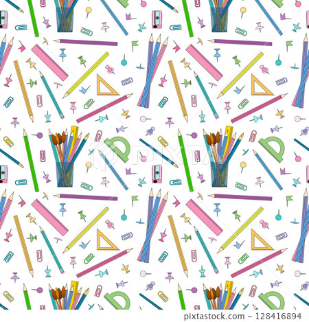 Seamless school supplies pattern with pencils, rulers, sharpeners, push pins, protractors, paintbrushes, and paper clips on white background. For back to school theme, stationery, textile, wrapping. Seamless school supplies pattern with pencils, rulers, sharpeners, push pins, protractors, paintbrushes, and paper clips on white background. For back to school theme, stationery, textile, wrapping. 128416894