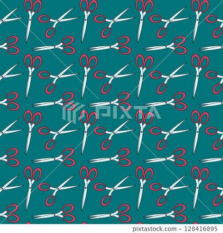 Cartoon seamless pattern with school scissors. Vector illustration on dark teal background. For back to school theme, school or office supplies, stationery design, textile print, and wrapping paper. Cartoon seamless pattern with school scissors. Vector illustration on dark teal background. For back to school theme, school or office supplies, stationery design, textile print, and wrapping paper. 128416895